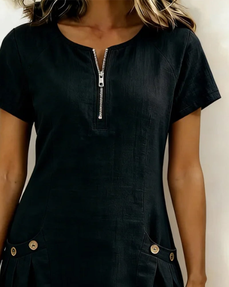 Women’s A-Line Dress with Zip Neckline and Practical Pocket Design