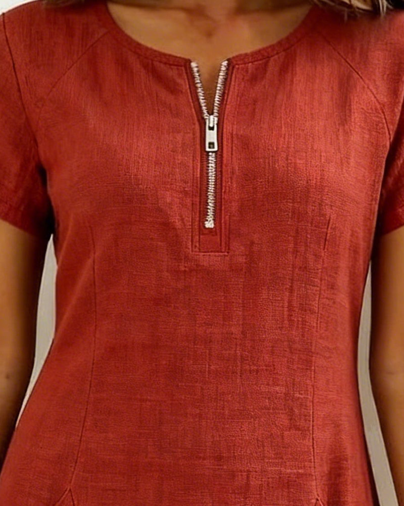 Women’s A-Line Dress with Zip Neckline and Practical Pocket Design