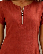 Women’s A-Line Dress with Zip Neckline and Practical Pocket Design