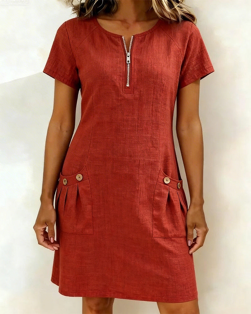 Women’s A-Line Dress with Zip Neckline and Practical Pocket Design