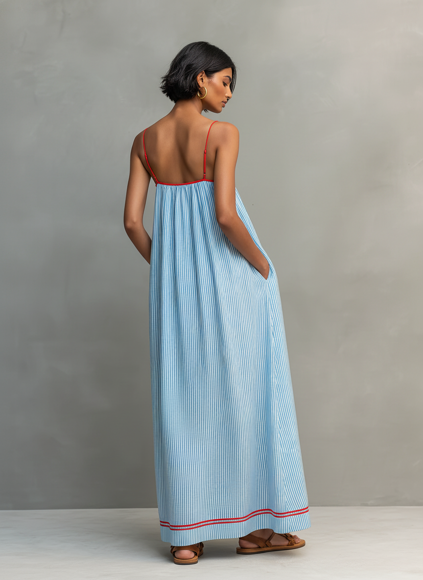 Robe longue rayée pour femme à fines bretelles spaghetti