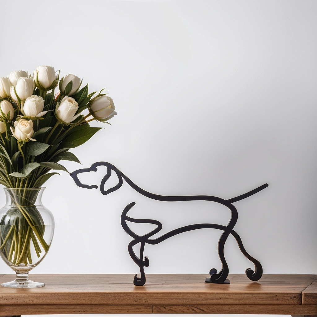 Minimalistisk metalskulptur med corgi-silhuet til moderne boligindretning