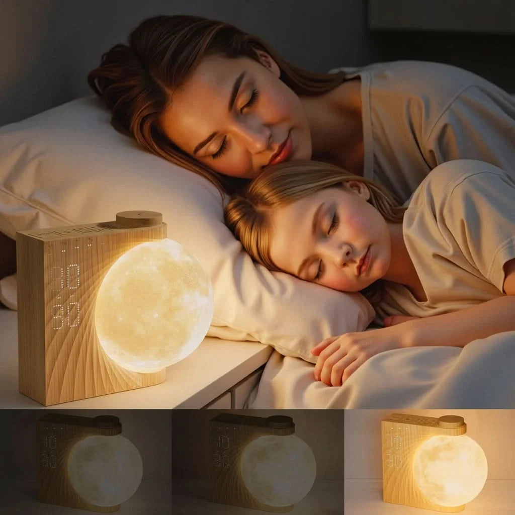 Sveglia in legno con luce a sfera luminosa e display digitale