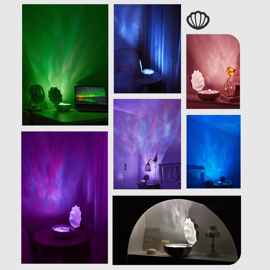 LED-natlampe formet som en muslingeskal med Bluetooth-højttaler