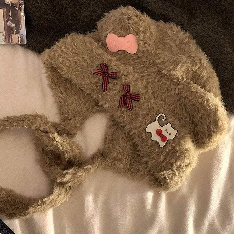 Women's Plush Winter Trapper Hat with Decorative Bows