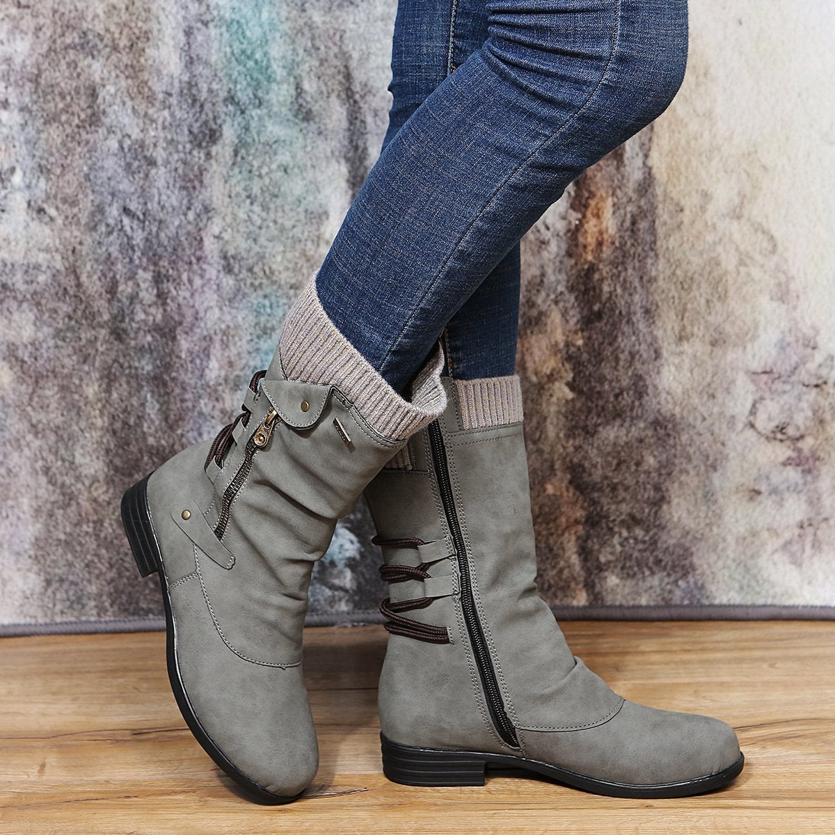 Botas casuales de mujer, hasta media pantorrilla, con cremallera lateral