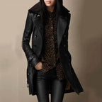 Women's Faux Leather Double-Breasted Longline Coat