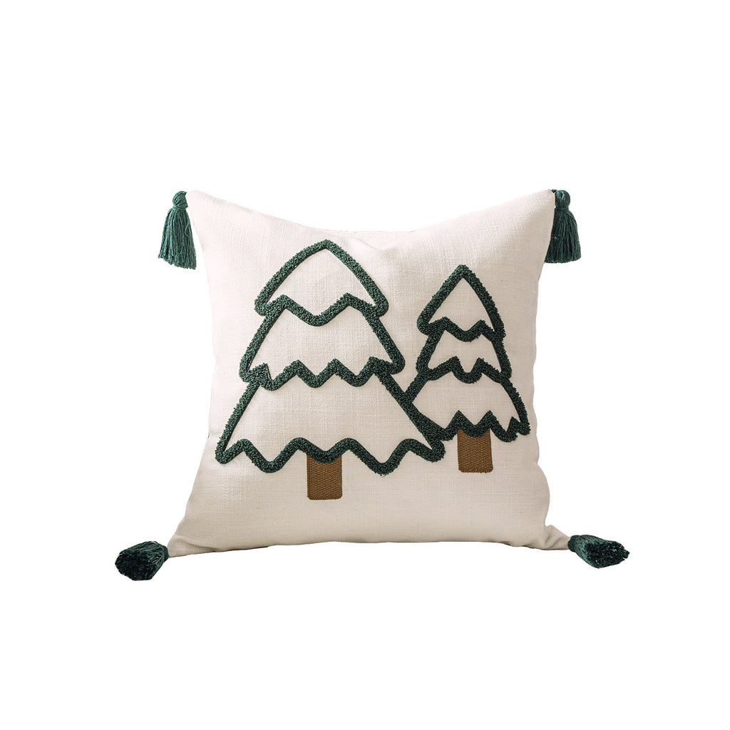 Kissenbezug mit Quasten und Weihnachtsbaum-Motiv
