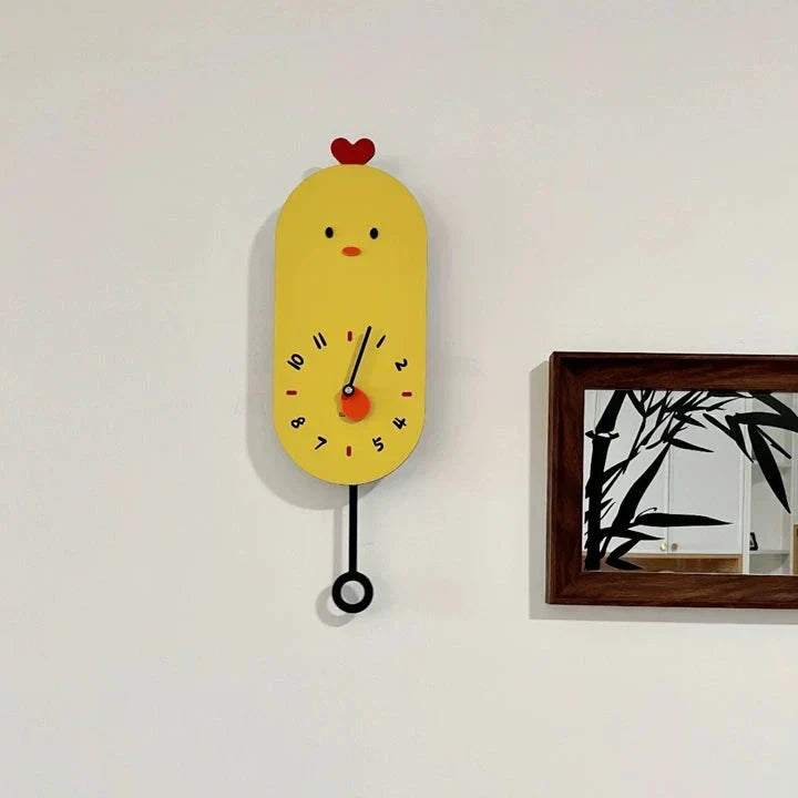 Reloj de pared infantil silencioso con péndulo y pollito de dibujos animados