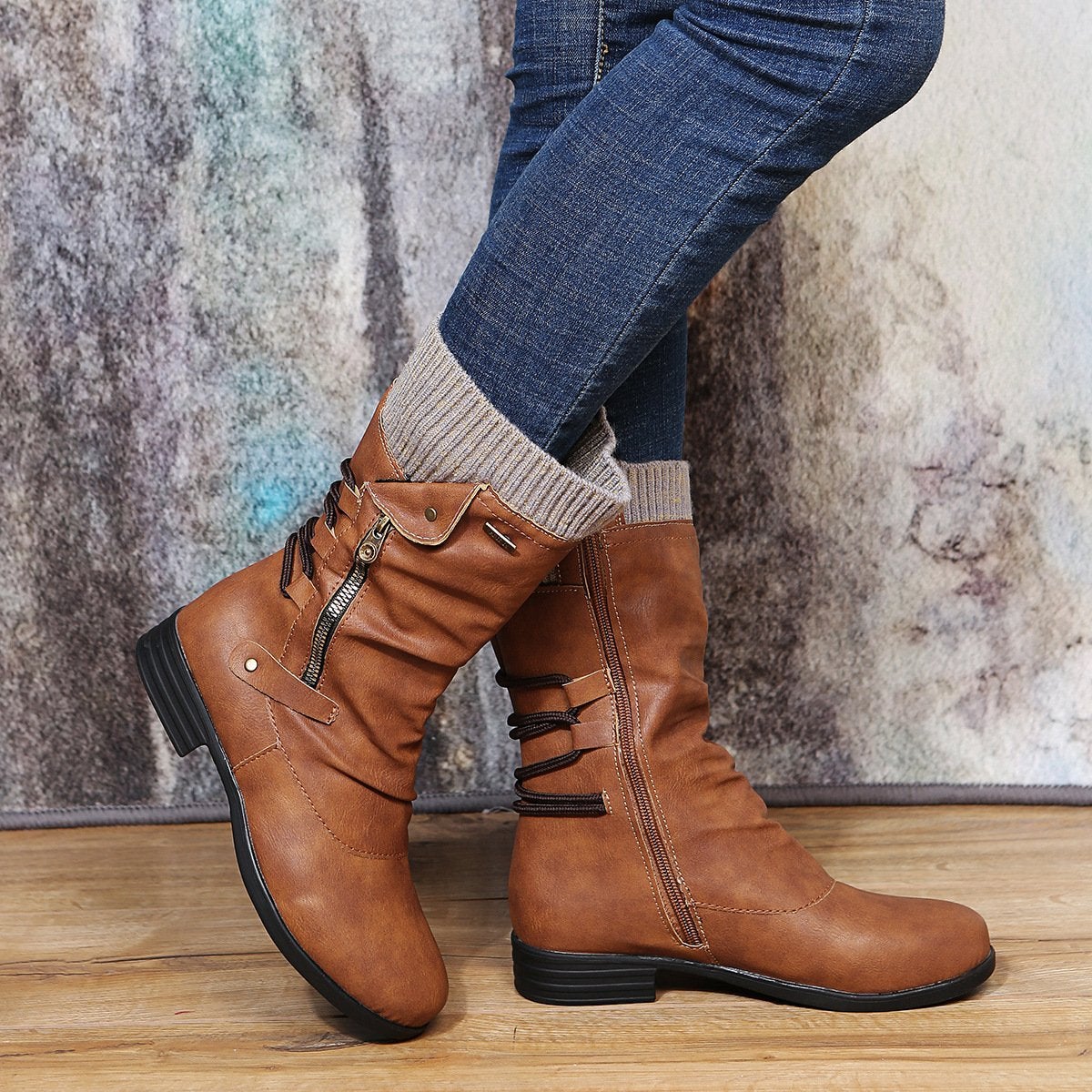 Botas casuales de mujer, hasta media pantorrilla, con cremallera lateral