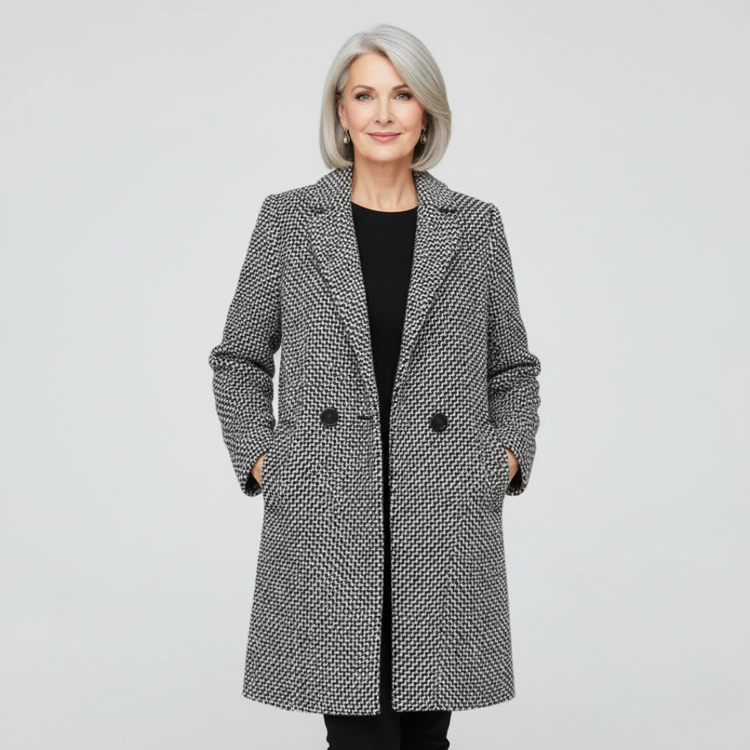 Manteau long pied-de-poule croisé pour femme