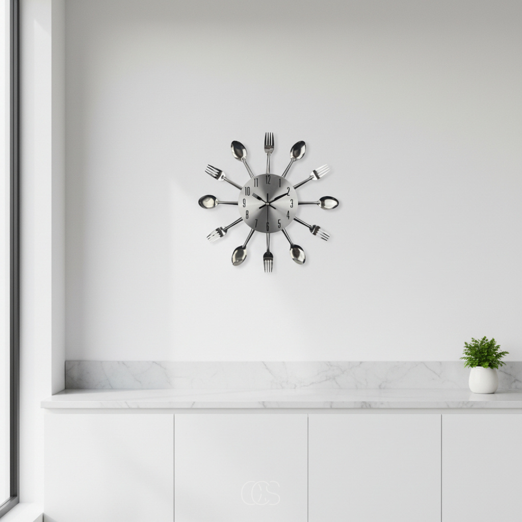 Decorative Wall Clock with Spoon and Fork Accents for Kitchen and Dining Room Décor
