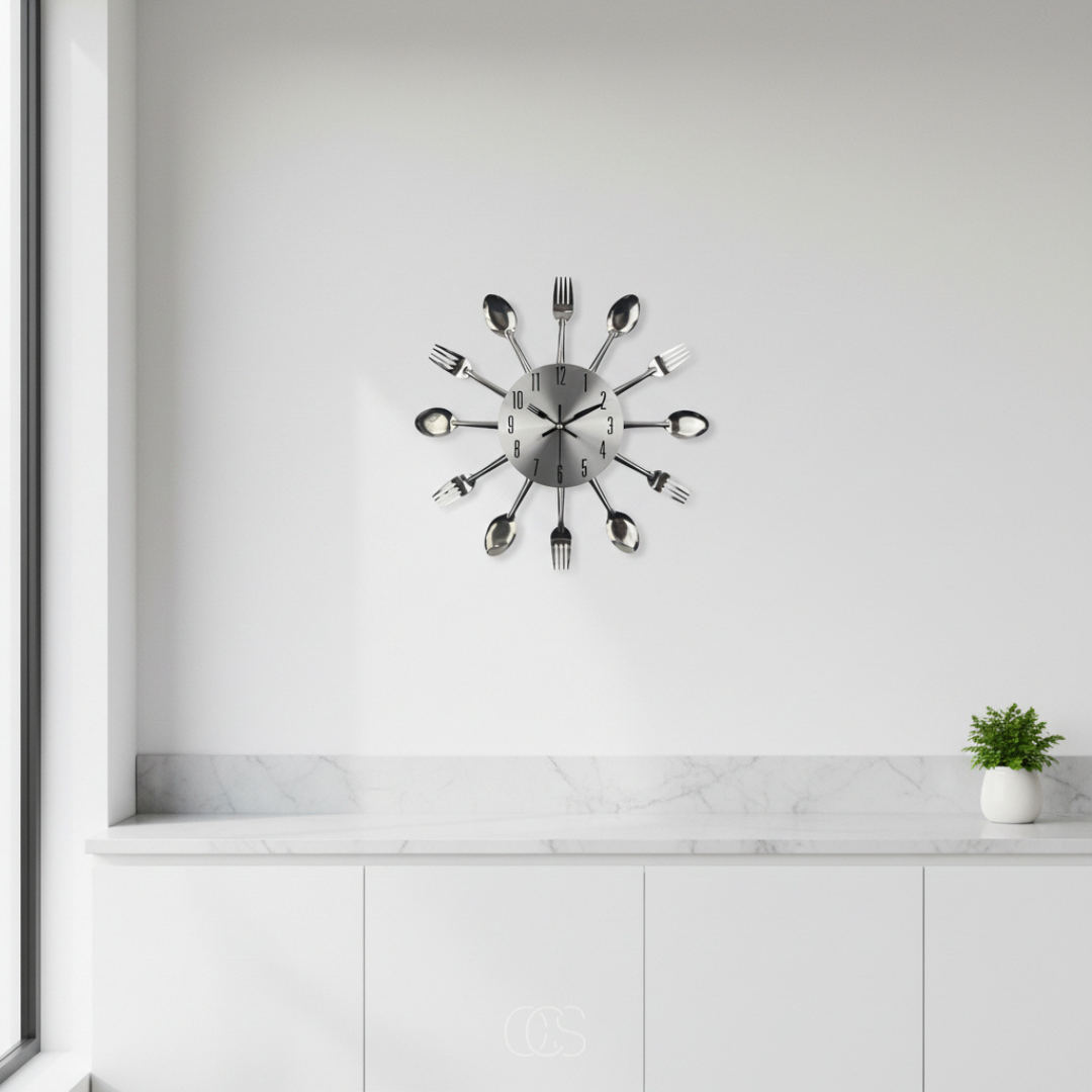Decorative Wall Clock with Spoon and Fork Accents for Kitchen and Dining Room Décor