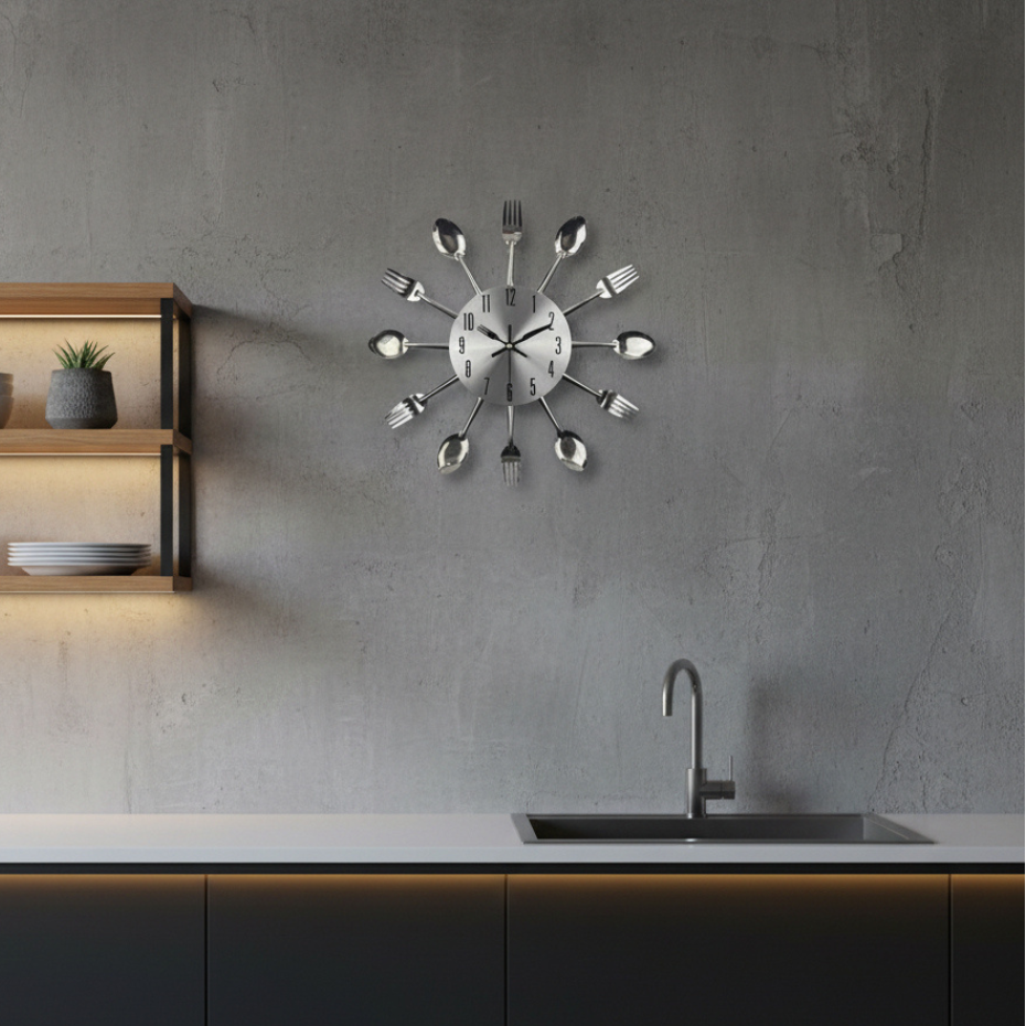 Decorative Wall Clock with Spoon and Fork Accents for Kitchen and Dining Room Décor