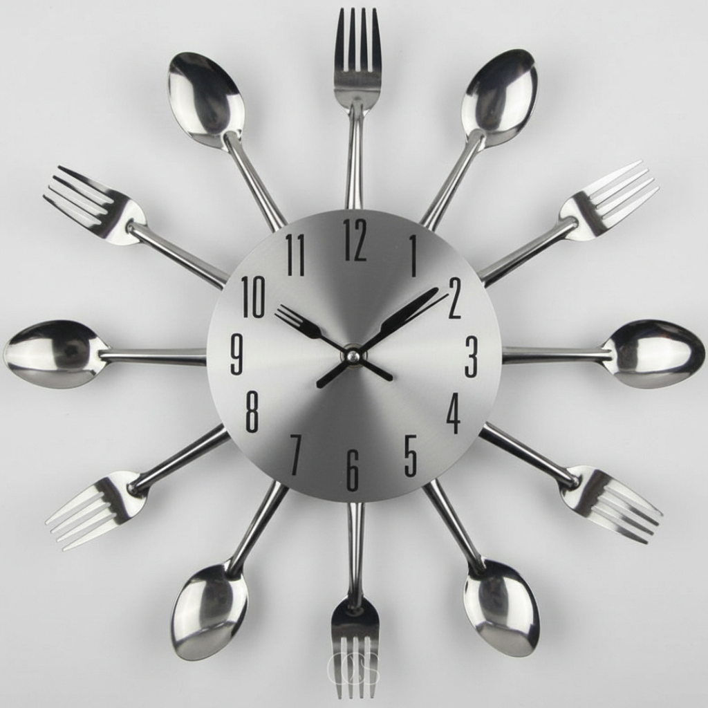 Decorative Wall Clock with Spoon and Fork Accents for Kitchen and Dining Room Décor