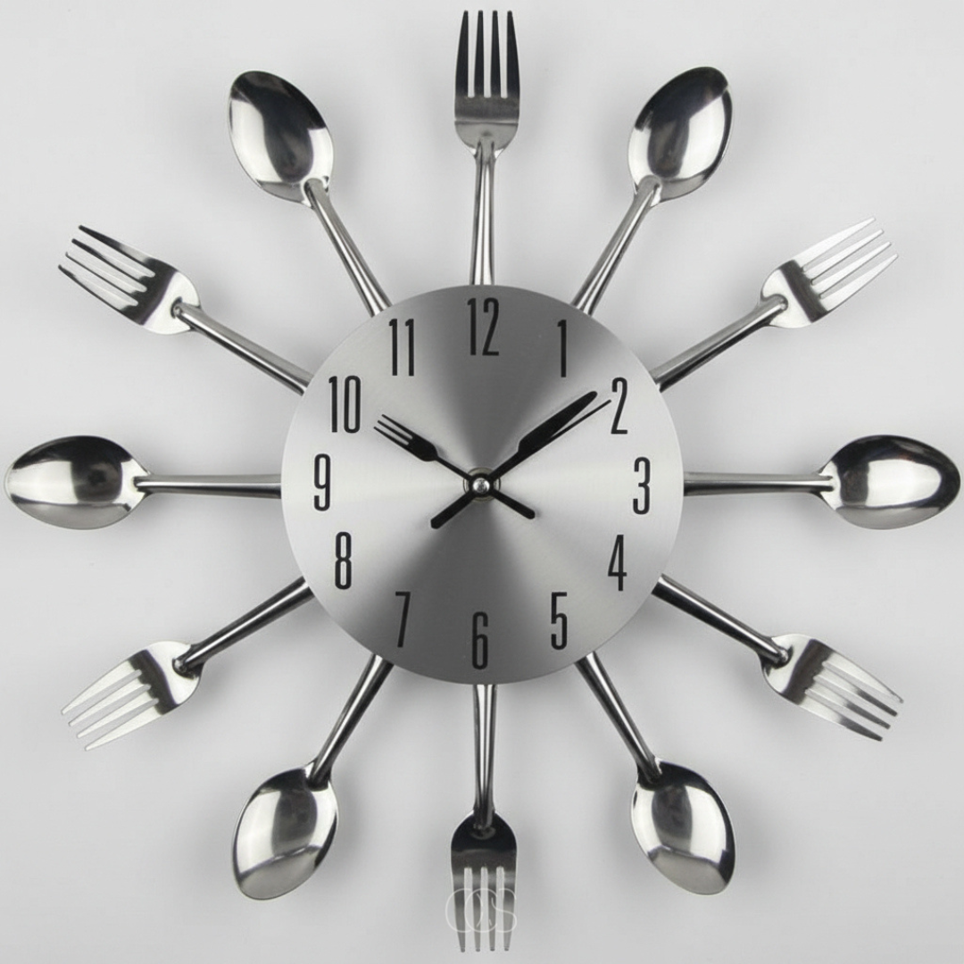 Decorative Wall Clock with Spoon and Fork Accents for Kitchen and Dining Room Décor