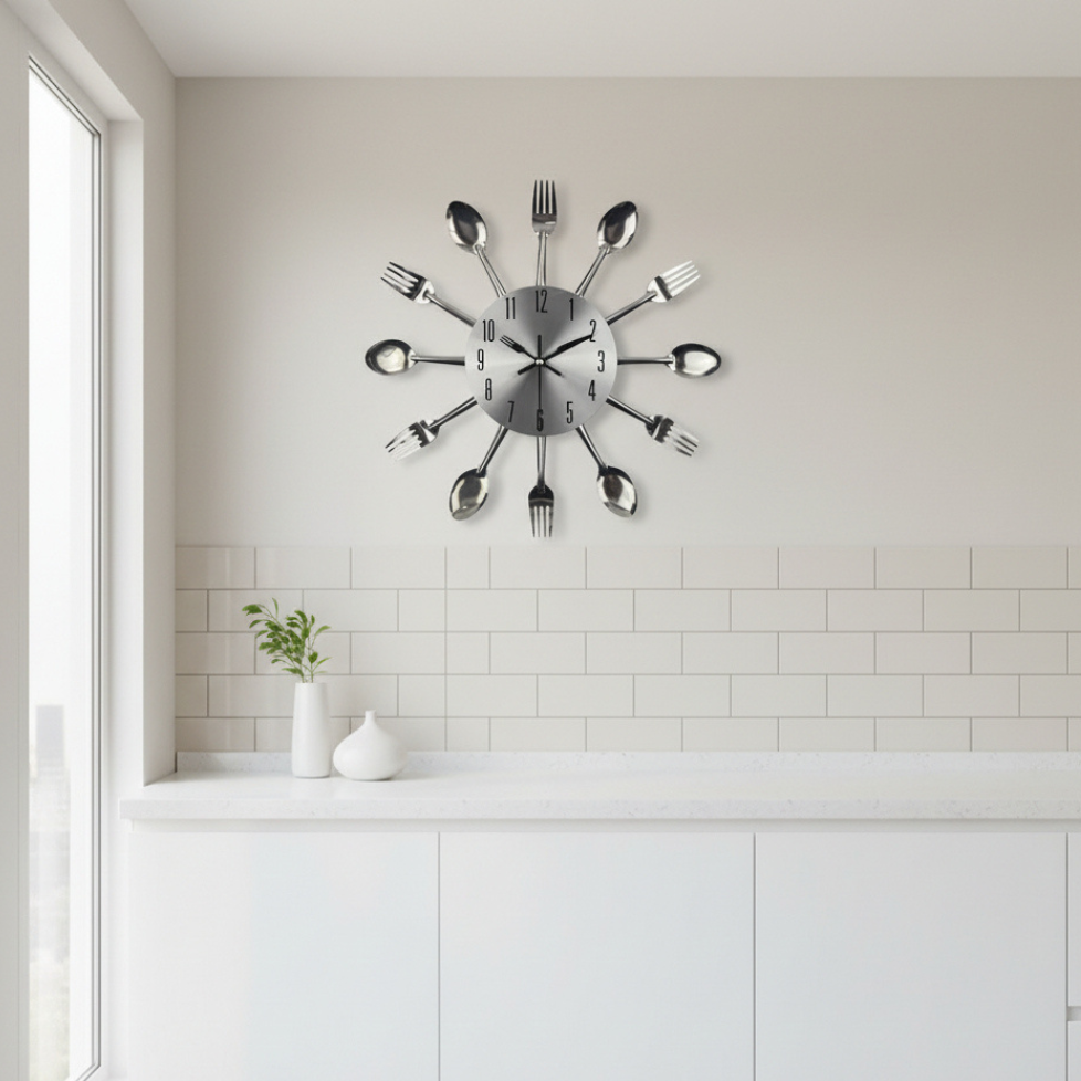 Decorative Wall Clock with Spoon and Fork Accents for Kitchen and Dining Room Décor