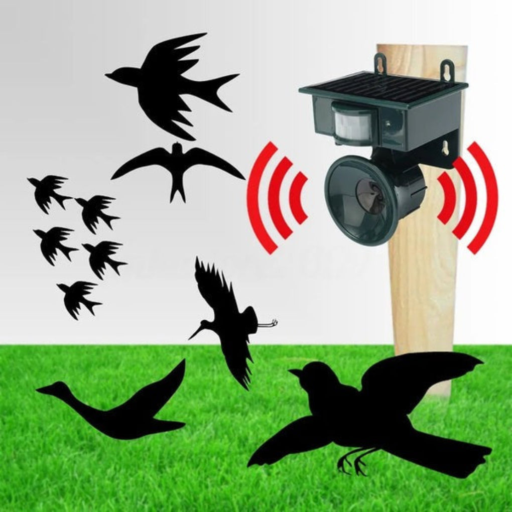 Ahuyentador de aves con sensor de movimiento para exteriores y modos de sonido ajustables