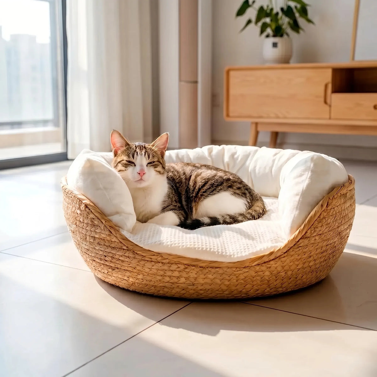 Woven Round Pet Bed with Plush Cushion