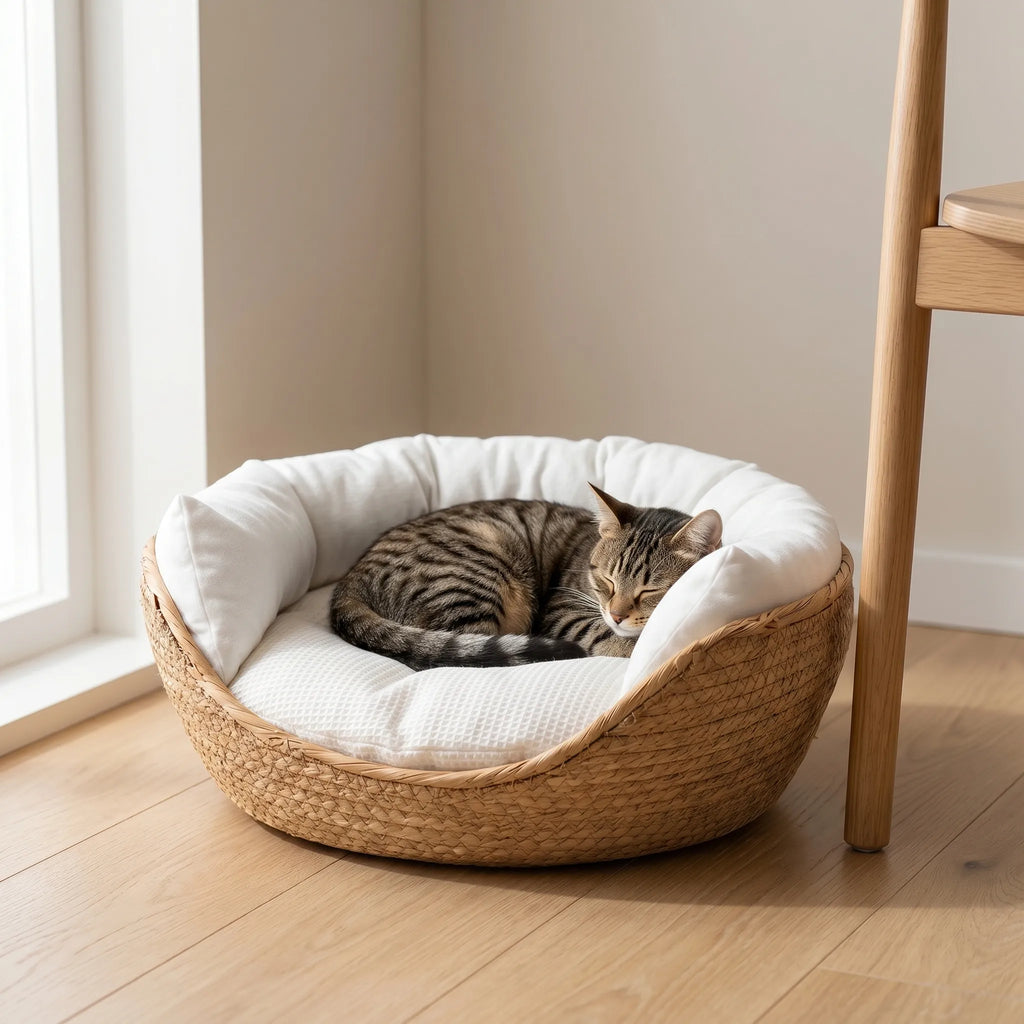 Woven Round Pet Bed with Plush Cushion