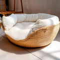 Woven Round Pet Bed with Plush Cushion