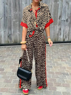Conjunto coordinado de pierna ancha con estampado de leopardo para mujer y detalles en contraste