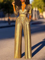 Women Wide Leg Jumpsuit with V-Neck and Elegant Flowing Fit