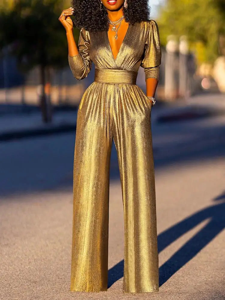 Women Wide Leg Jumpsuit with V-Neck and Elegant Flowing Fit