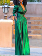 Women Wide Leg Jumpsuit with V-Neck and Elegant Flowing Fit