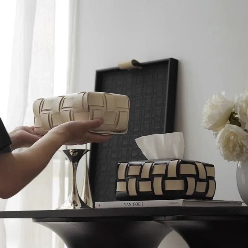 Woven Basket Design Tissue Box Holder with Black and Beige Finish