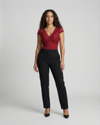 Women Lace Bodysuit with V-Neck and Fitted Short Sleeve Design