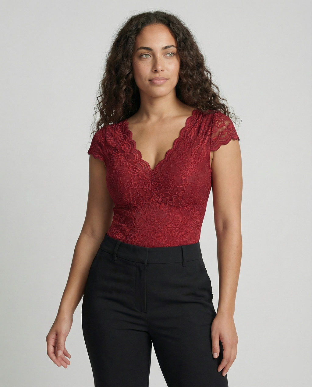 Women Lace Bodysuit with V-Neck and Fitted Short Sleeve Design