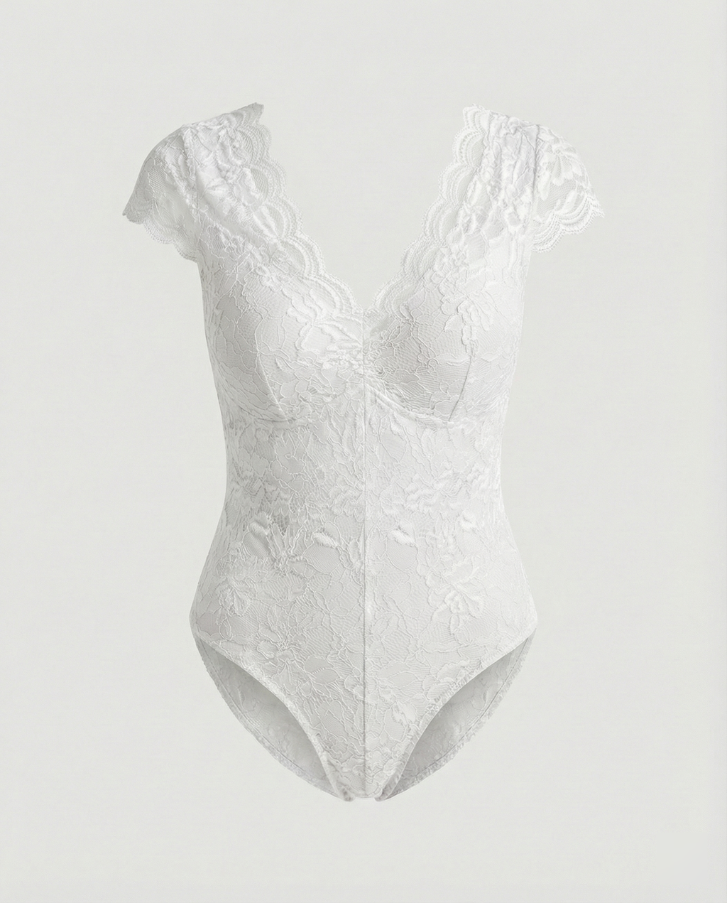 Women Lace Bodysuit with V-Neck and Fitted Short Sleeve Design