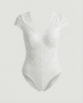 Women Lace Bodysuit with V-Neck and Fitted Short Sleeve Design