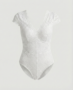 Women Lace Bodysuit with V-Neck and Fitted Short Sleeve Design