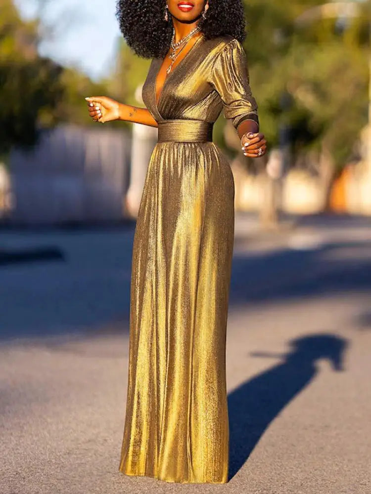 Women Wide Leg Jumpsuit with V-Neck and Elegant Flowing Fit