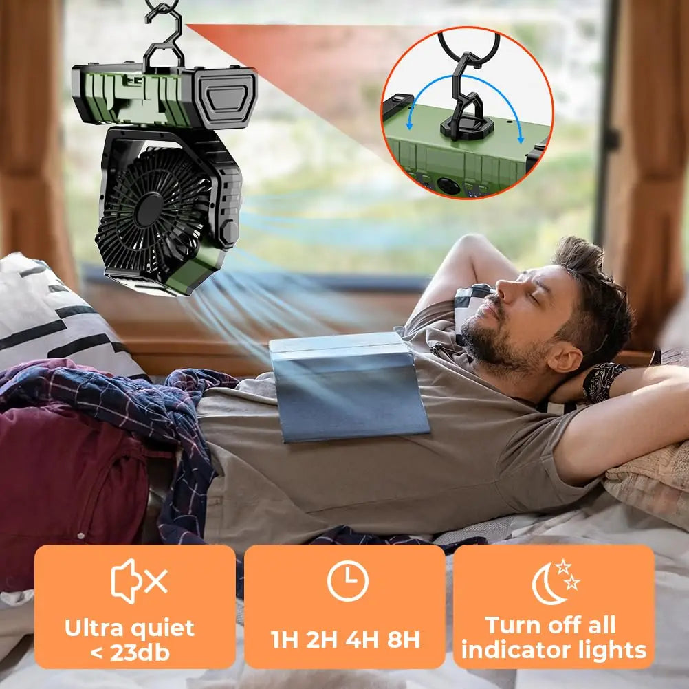 Ventilador recargable para camping con luz LED y batería externa