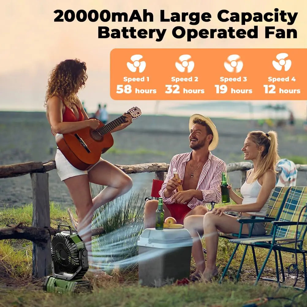 Ventilador recargable para camping con luz LED y batería externa