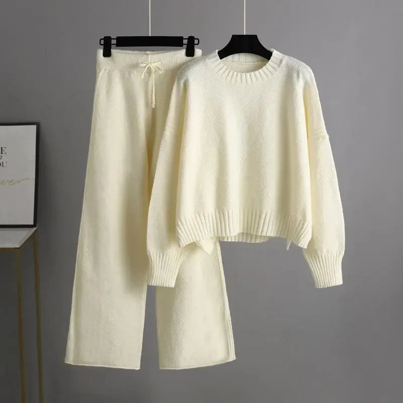 Women's Two-Piece Knit Sweater and Wide-Leg Trousers Set