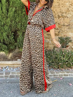 Conjunto coordinado de pierna ancha con estampado de leopardo para mujer y detalles en contraste