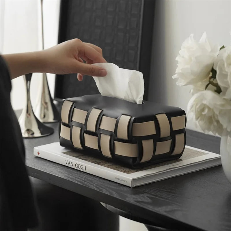 Woven Basket Design Tissue Box Holder with Black and Beige Finish