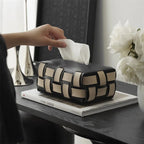 Woven Basket Design Tissue Box Holder with Black and Beige Finish