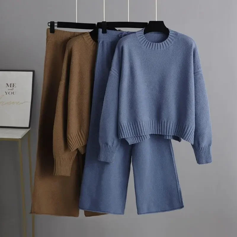 Women's Two-Piece Knit Sweater and Wide-Leg Trousers Set