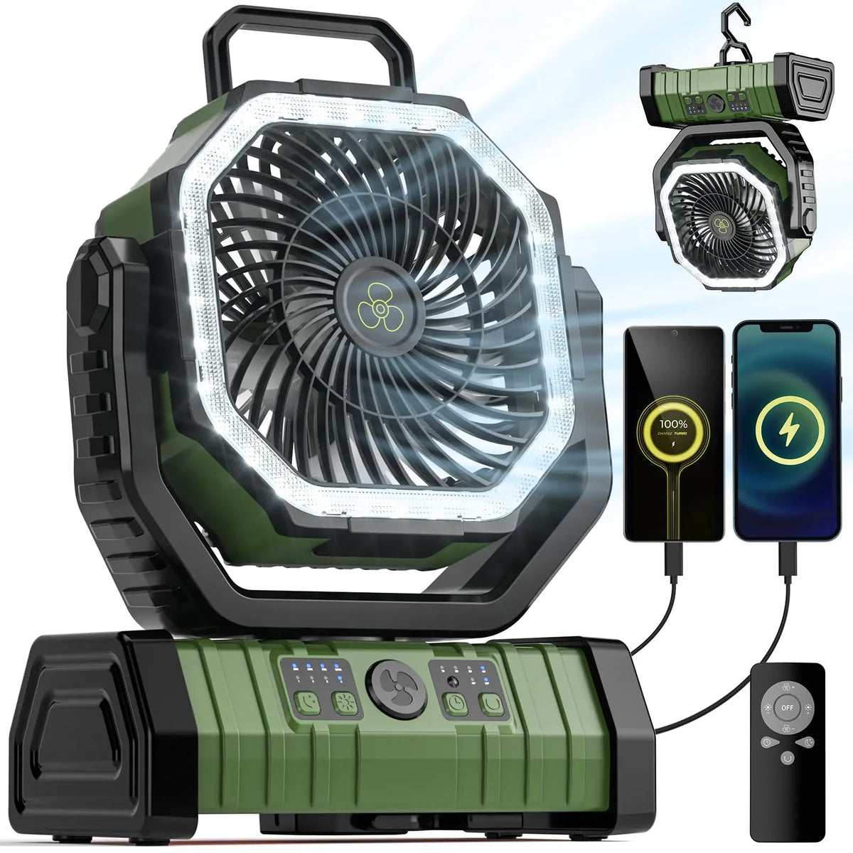 Ventilador recargable para camping con luz LED y batería externa