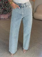 Women's High-Waisted Rhinestone Straight Leg Jeans with Sparkling All-Over Embellishment