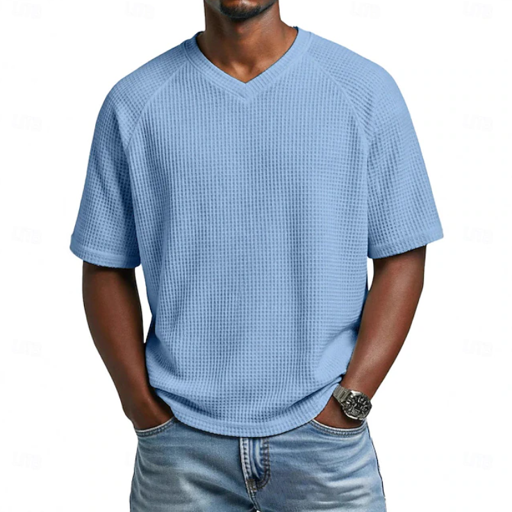 Men's Textured Waffle Knit V Neck Short Sleeve Casual T Shirt