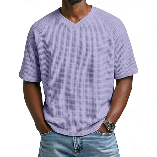 Men's Textured Waffle Knit V Neck Short Sleeve Casual T Shirt