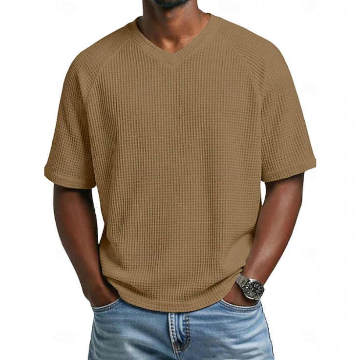 Men's Textured Waffle Knit V Neck Short Sleeve Casual T Shirt