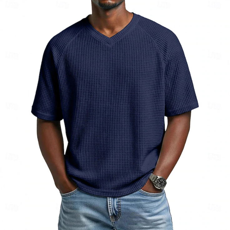 Men's Textured Waffle Knit V Neck Short Sleeve Casual T Shirt