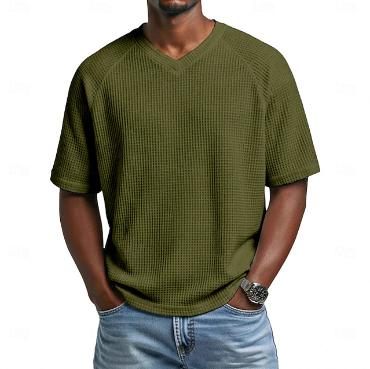 Men's Textured Waffle Knit V Neck Short Sleeve Casual T Shirt